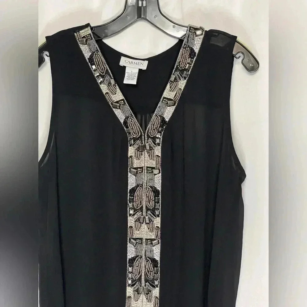 Carmen Marc Valvo sheer sleeveless art deco embellished top - Picture 5 of 5